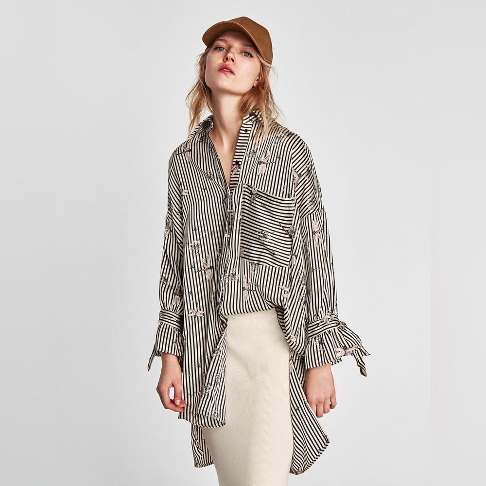 Zara Black and White Striped Shirt Dress with Dragonflies print